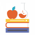 Apple and beaker on top of books